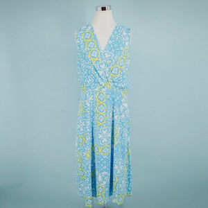 Ann Taylor Size 10 Blue Tile Print Wrap V Neck Sleeveless Fit Flare Midi Dress